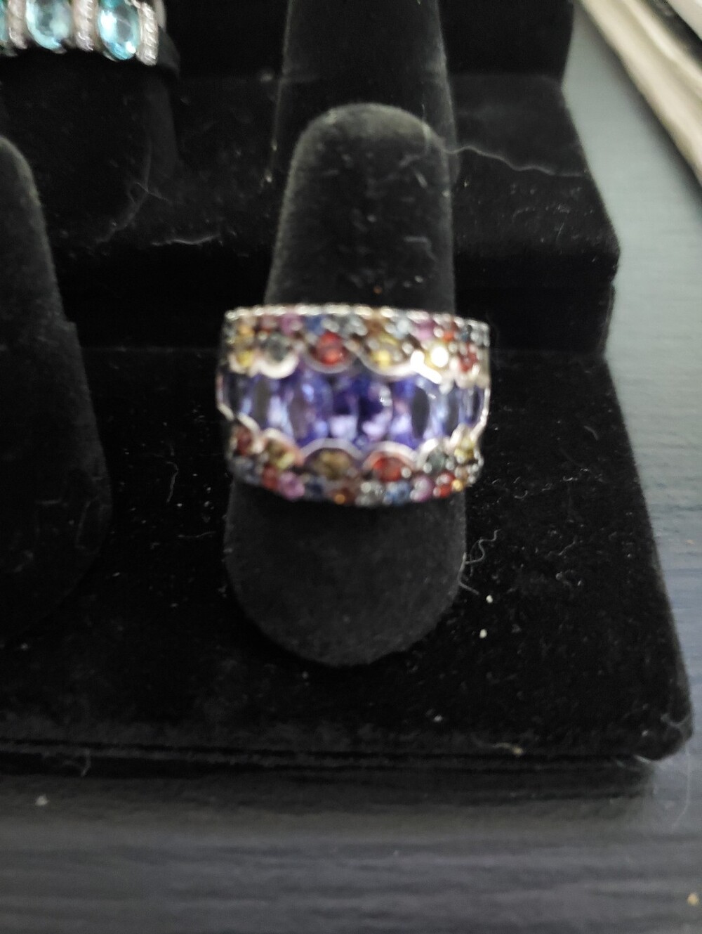 Multicolor Crystal Band Ring with Amethyst Center Stones